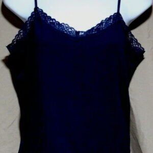 Merona Women's M Blue Adjustable Spaghetti strap Cami Top Lace V-neck LineTrim